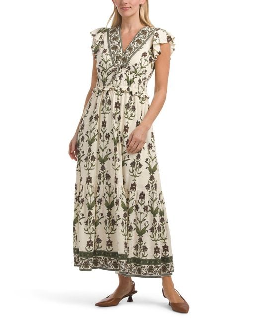 Tj Maxx White Flutter Sleeve V-Neck Floral Maxi Dress For Cotton/Linen/Rayon