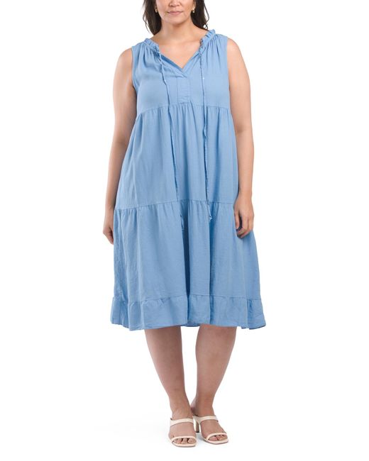 Tj Maxx Blue Linen Blend Plus Tiered Midi Dress For Linen/Viscose