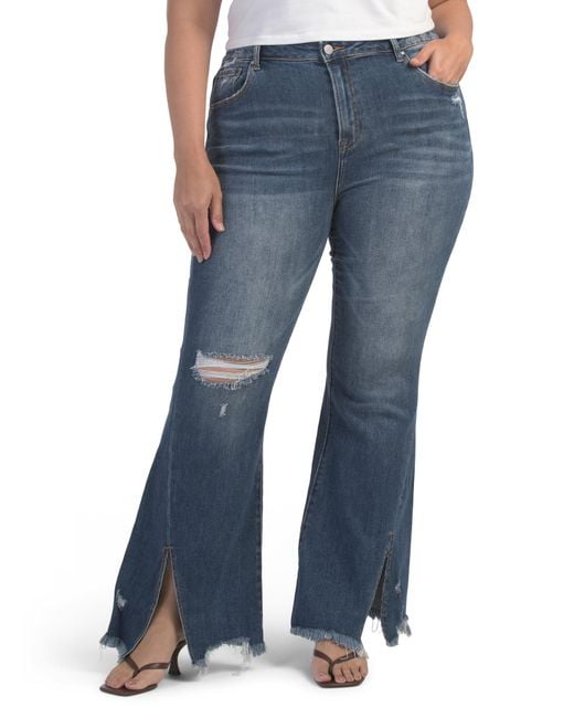 Tj Maxx Blue Plus High Rise Flare Frayed Jeans With Slit Cuffs For Spandex/Cotton/Polyester