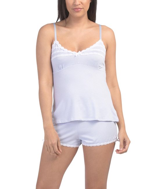 Tj Maxx Blue 2Pc Striped Camisole Shorty Pajama Set With Daisy Lace Trim For Spandex/Polyester