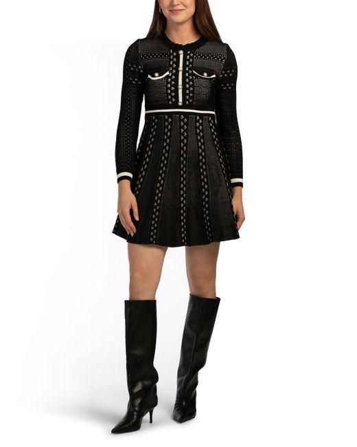Tj Maxx Black Long Sleeve Ruffle Neck Sweater Mini Dress With Buttons For Spandex/Polyester