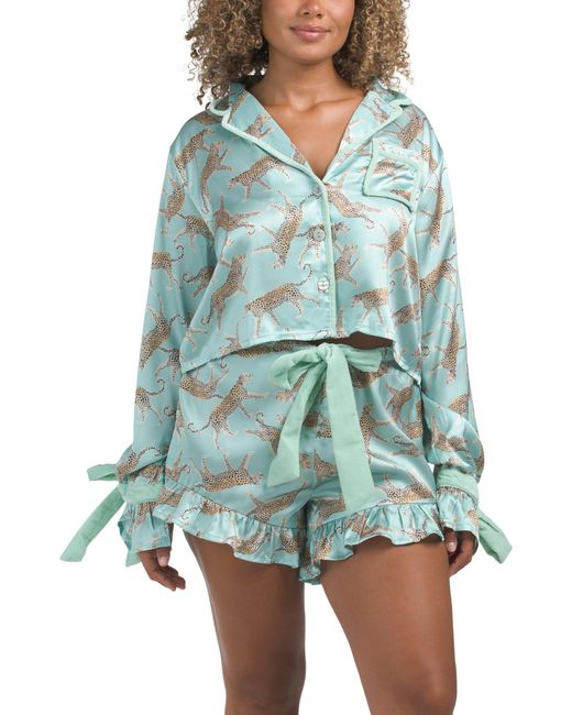 Tj Maxx Green Satin Tiger Pajama Set With Ribbon Tie For Polyester