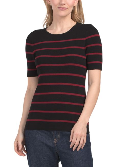 Tj Maxx Black Striped Short Sleeve Knit Top For Polyester/Rayon