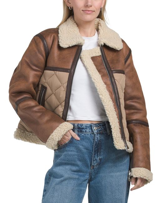 Tj Maxx Brown Faux Shearling Quilted Jacket For Spandex/Polyester/Leather