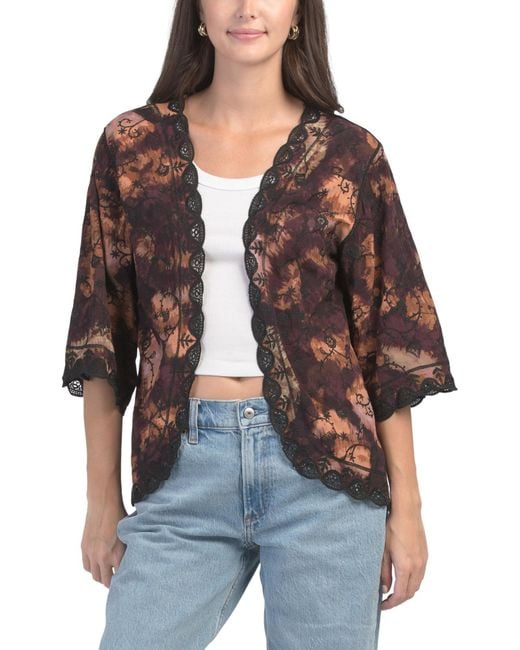 Tj Maxx Black Petite Three-Quarter Bell Sleeve Scallop Edge Crochet Kimono For Polyester/Rayon