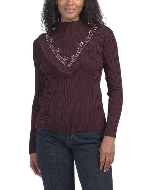 Tj Maxx Purple Ribbed Sweater With Lace Detailing, Cotton/Polyester