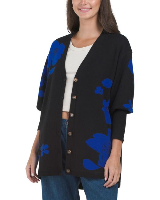 Tj Maxx Blue Kassey Floral Button Down Long Cardigan, Nylon/Polyester/Viscose