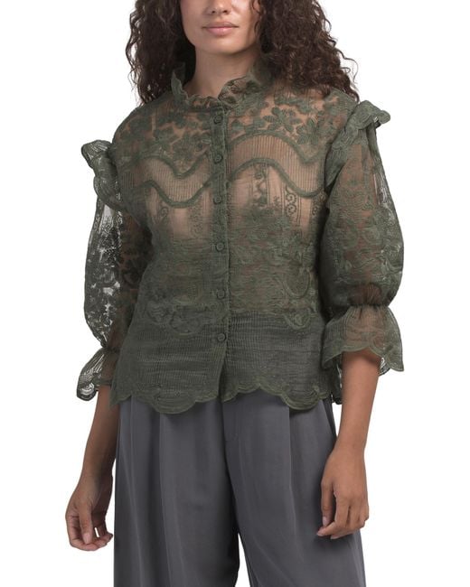 Tj Maxx Green Ruffle Blouse For Polyester