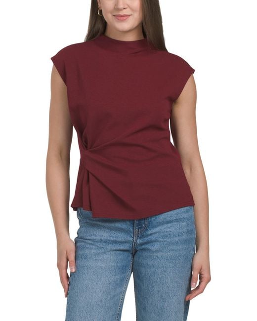 Tj Maxx Red Scuba Ponte Short Sleeve Knot Side Mock Neck Top For Spandex/Cotton/Polyester