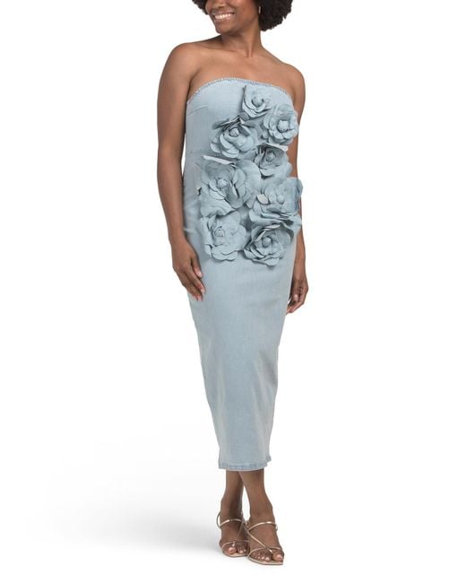 Tj Maxx Blue Strapless 3D Floral Dress For Spandex/Polyester