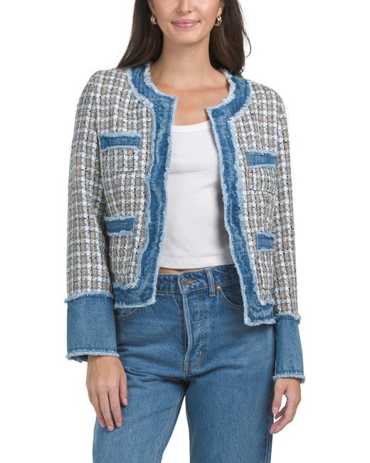 Tj Maxx Blue Denim And Plaid Boucle Blazer, Nylon/Polyester/Acrylic