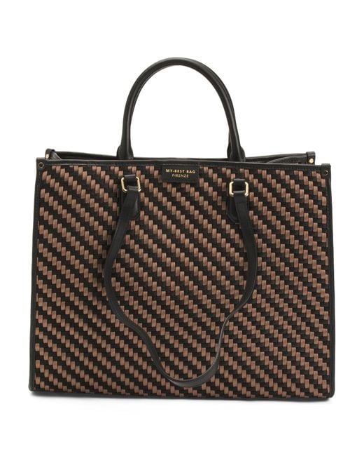 Tj Maxx Brown Micro Woven Square Tote With Leather Trim, Leather