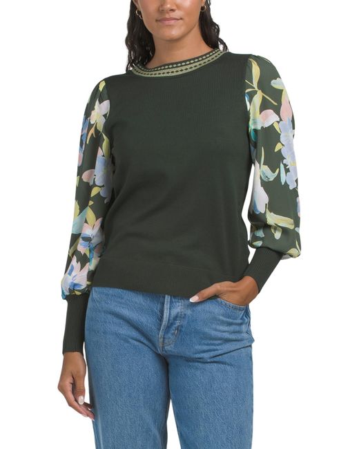 Tj Maxx Black Crew Neck Long Sleeve Pullover Sweater With Mixed Media Sleeves, Polyester/Rayon