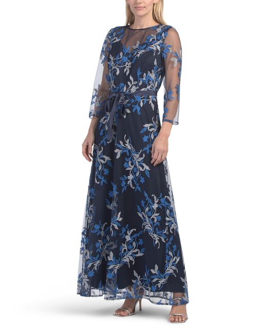 TJ Maxx Women's Blue Three-Quarter Sleeve Embroidered Tea Length Gown For  Polyester