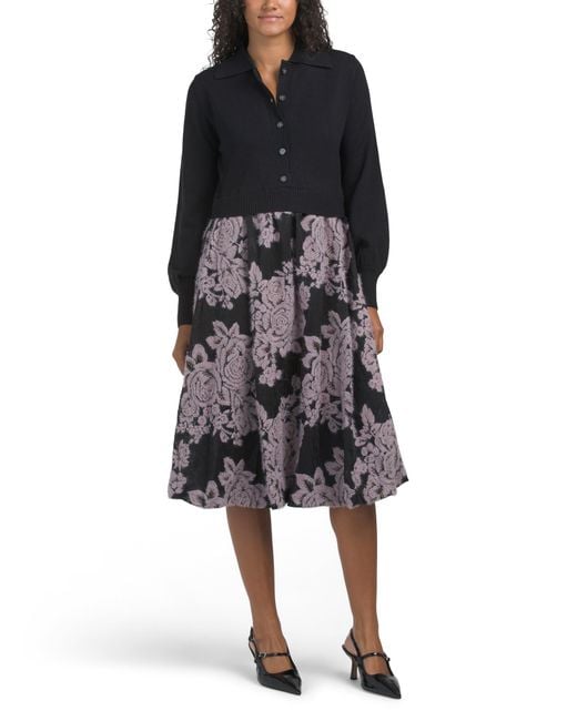 Tj Maxx Black Mixed Media Embroidered Skirt Knit Dress For Nylon/Polyester/Viscose