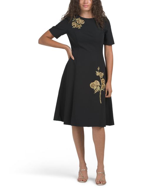 Tj Maxx Black Short Sleeve Floral Applique Dress For Polyester