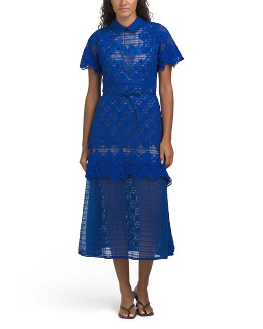 Tj Maxx Blue Short Sleeve Floral Applique Dress For Spandex/Polyester