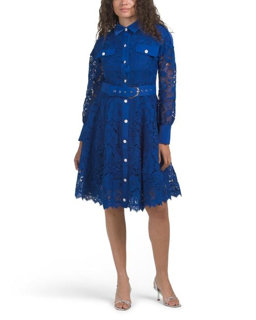 Tj Maxx Blue Long Sleeve Lace Mini Dress With Hardware Belt For Spandex/Polyester