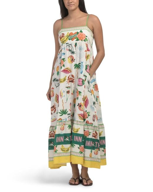 Tj Maxx White Linen Blend Sleeveless Printed Maxi Dress For Cotton/Polyester/Linen
