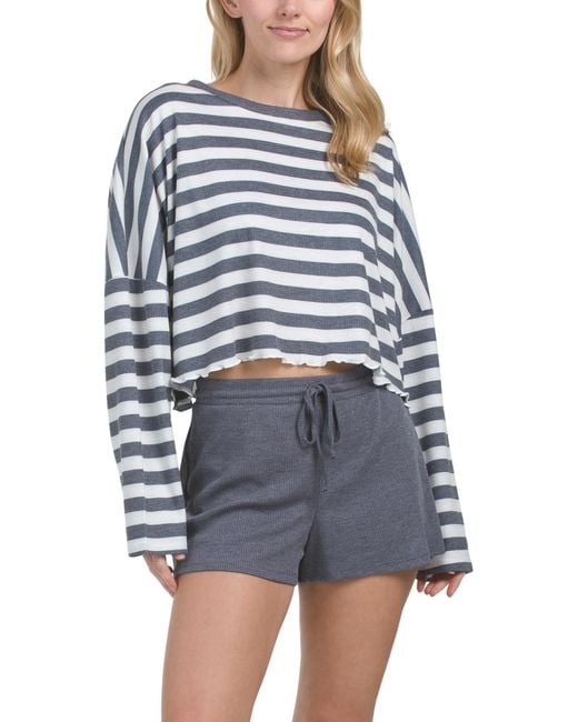 Tj Maxx White 2Pc Long Sleeve Waffle Shorts Lounge Set For Spandex/Polyester/Rayon