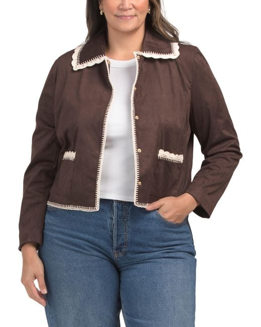 Tj Maxx Brown Plus Crochet Trimmed Jacket, Spandex/Polyester/Suede