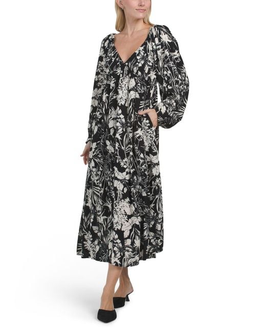 Tj Maxx Black Floral Botanical Print Long Sleeved Midi Dress For Polyester/Rayon