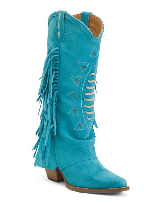 Tj Maxx Blue Suede Fringe Spirit Trail Boots For Leather/Suede