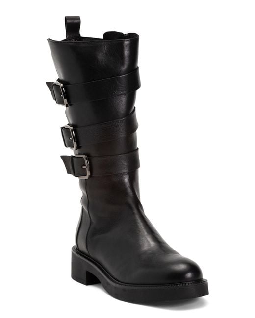 Tj Maxx Black Leather High Shaft Moto Boots With Three Buckles For