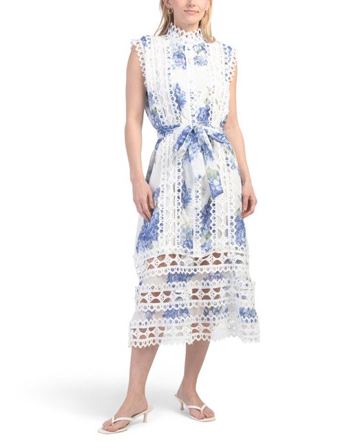 Tj Maxx Blue Sleeveless Floral Maxi Dress With Lace Trim For Spandex/Polyester