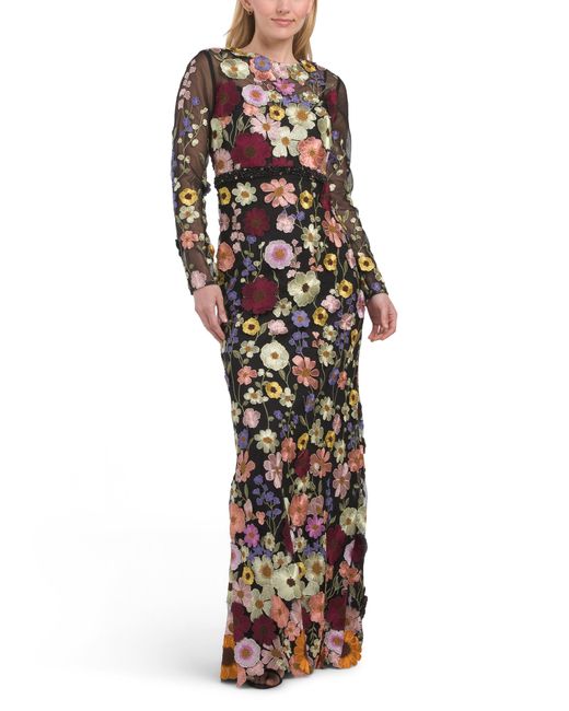 Tj Maxx Black Long Sleeve 3D Floral Gown For Polyester