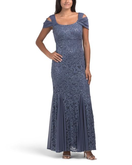 Tj Maxx Blue Off The Shoulder Sequin Lace Gown For Nylon/Spandex/Polyester