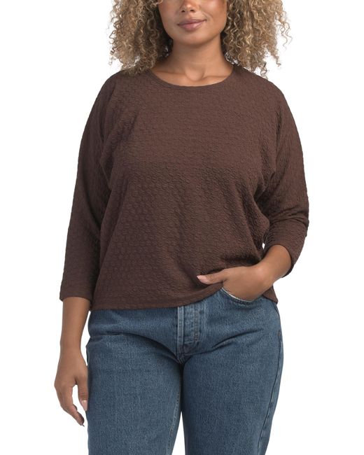 Tj Maxx Brown Three-Quarter Sleeve Solid Texture Top For Spandex/Polyester/Rayon