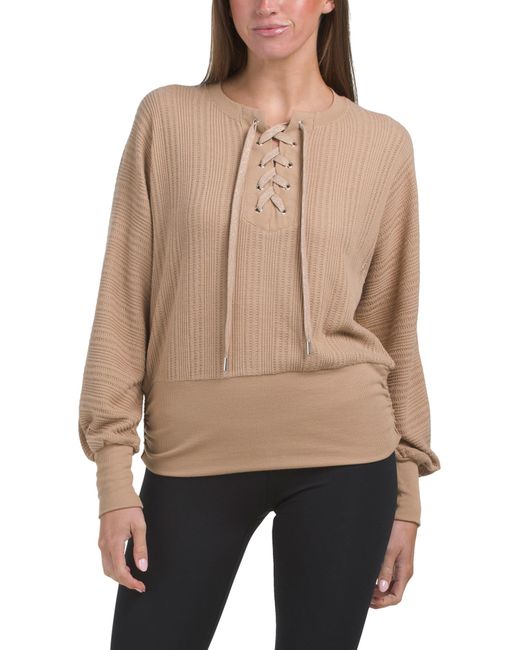 Tj Maxx Natural Long Dolman Sleeve Lace Up Scoop Neck Banded Hem Sweater For Spandex/Polyester/Rayon