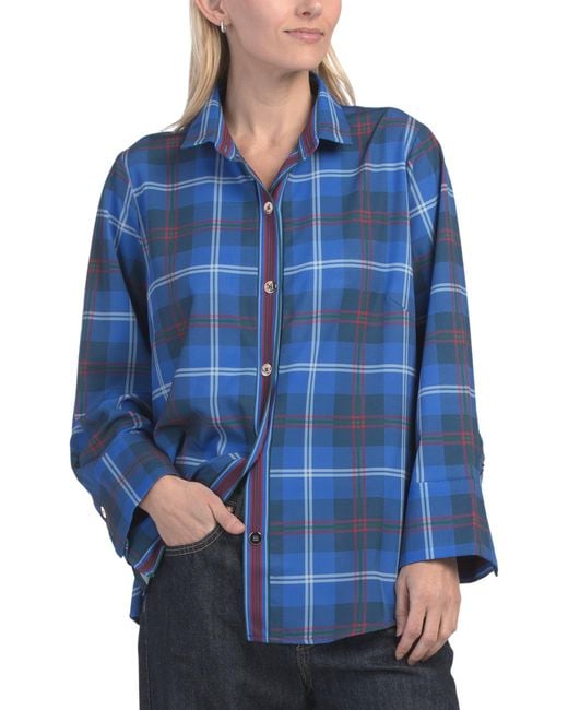 Tj Maxx Blue Plaid Button Up Shirt For Spandex/Polyester