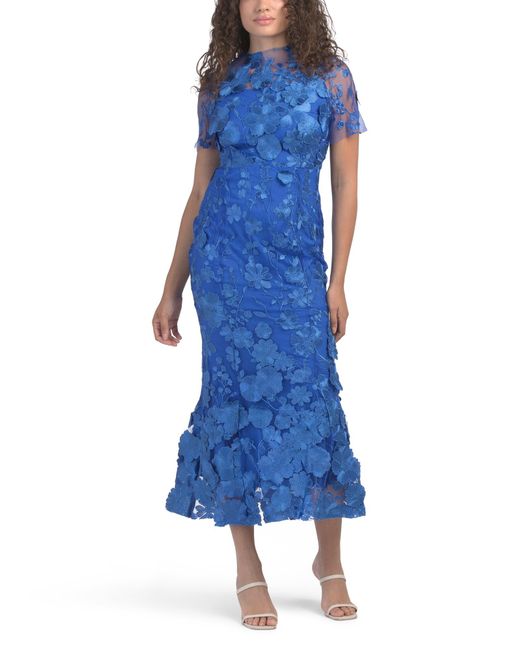 Tj Maxx Blue Short Sleeve 3D Floral Gown For Spandex/Polyester