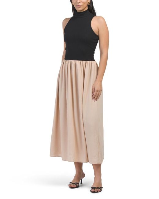 Tj Maxx Natural Mock Neck Mixed Media Midi Dress For Spandex/Cotton/Polyester