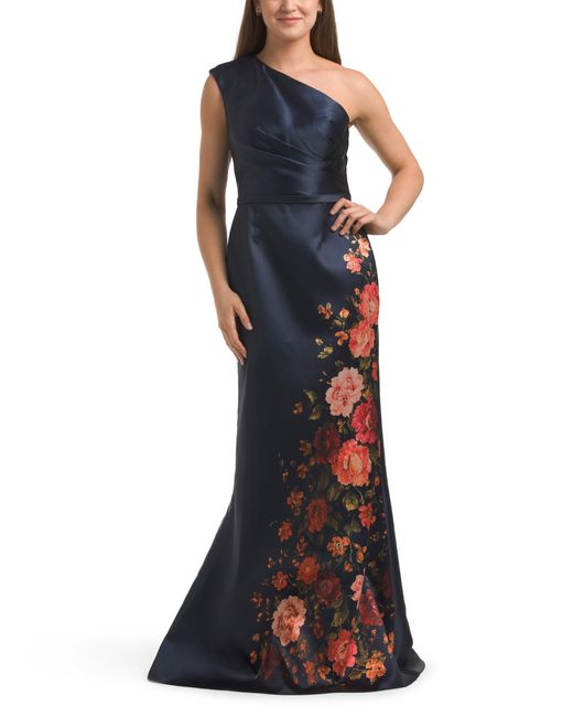 Tj Maxx Blue One Shoulder Floral Border Mikado Gown For Polyester