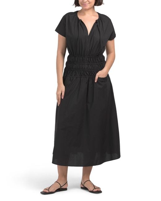 Tj Maxx Black Linen Blend Short Sleeve Ruched Waist Midi Dress For Cotton