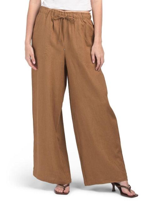 Tj Maxx Brown Linen Blend Elastic Waist Wide Leg Pants For Linen/Rayon