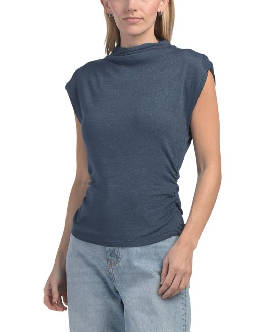Tj Maxx Blue Amara Mock Neck Power Shoulder Top For Nylon/Cotton
