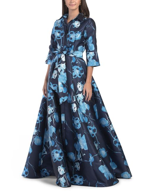 Tj Maxx Blue Long Sleeve Floral Jacquard Gown For Polyester