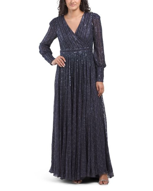 TJ Maxx Women's Blue Long Sleeve Embellished Gown For Polyester