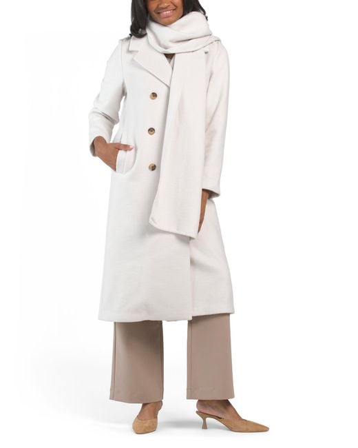 Tj Maxx White Wool Blend Button Down Coat With Scarf, Polyester/Wool