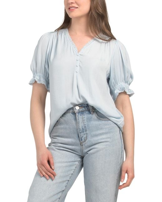 Tj Maxx Blue V-Neck Blouse With Lace Trim Neckline For Polyester