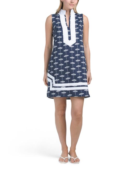 Tj Maxx Blue Umbrella Printed Signature Sleeveless Mini Caftan For Cotton