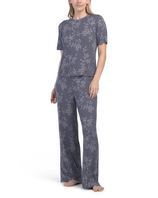 Tj Maxx Blue Aria Printed Rib Effortless Short Sleeve Top And Pants Set For Spandex/Rayon