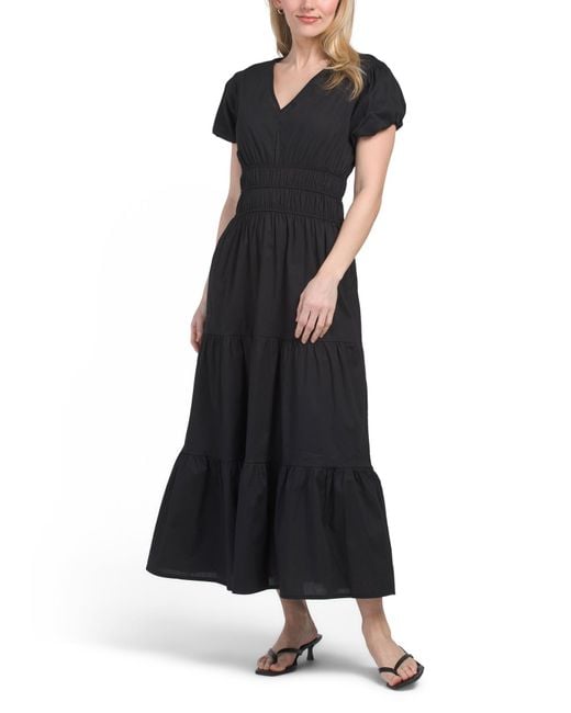 Tj Maxx Black Puff Sleeve Ruched Waist Maxi Dress For Cotton