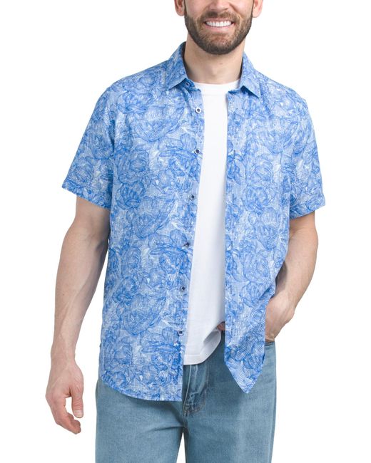 Tj Maxx Blue Linen Blend Short Sleeve Printed Shirt For Cotton/Linen for men