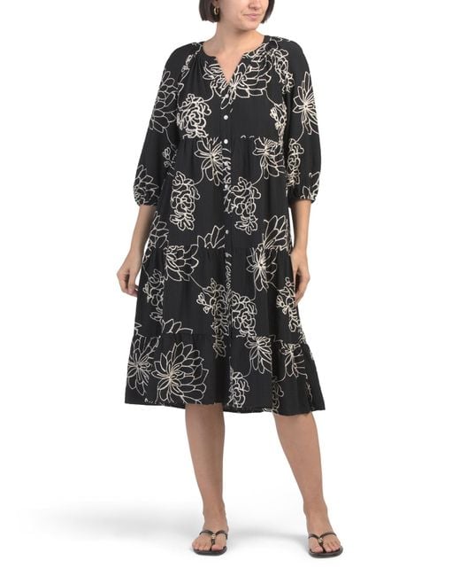 Tj Maxx Black Embroidered Button Down Midi Dress For Nylon/Polyester/Rayon