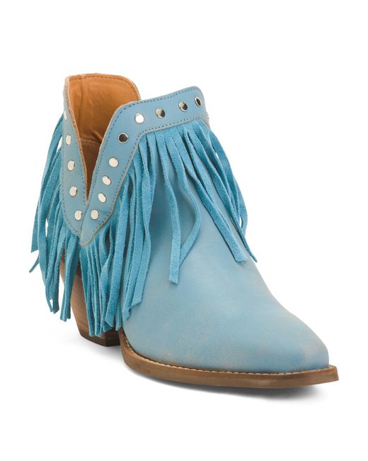 Tj Maxx Blue Leather Fringe Studded Fine And Dandy Booties For Leather/Suede